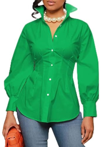 Bluse Vintage Frauen Grün Weiß Lon Gsleeve Einreiher Hohe Taille Korsett Tunika Bluse und Shirt Tops E (Farbe : Grün, Size : 3XL)