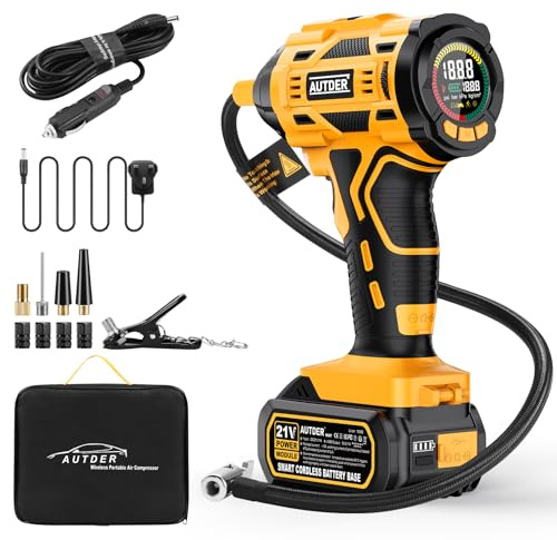 AUTDER Tyre Inflator Portable Air Compressor, 180PSI Cordless Air Pump with Removable 21V Battery and 12V DC Car Power Cable, Auto Shut Off, LCD Display, LED Light for Cars, Black Yellow