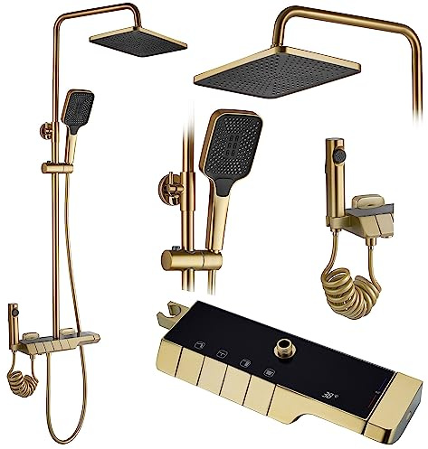 Rea Duschsystem mit Thermostat ROB Gold Brush Duschset Duscharmatur mit Duschkopf und Kopfbrause aus Messing Duschgarnitur für Badezimmer (Gebürstetes Gold)
