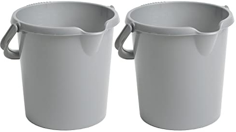 SET OF 2-10 Litre Round Multipurpose Plastic Bucket With Litre Scale, Carry Handles & Functional Spout Strong Space Saving Car Wash Bucket For Food Storage, Garden, Cleaning, Kitchen - SILVER.