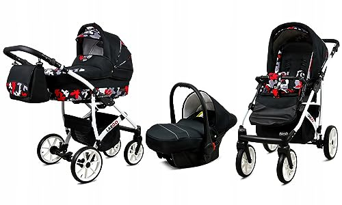 BabyLux® Carrito de Bebé Sistema de Viaje Set 3 en 1 - Largo - incl. Capazo, Silla de Paseo, Silla Coche - Cochecito - con Bolso cambiador, Cubierta para la lluvia, Mosquitera etc.