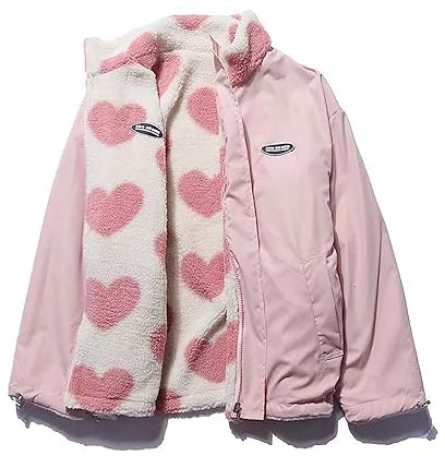 Sumleno Women's Fleece Sherpa Jackets Reversible Kawaii Heart Print Fuzzy Zip Up Cutecore Coats Aesthetic Y2k Gyaru Clothes (Pink,XL)