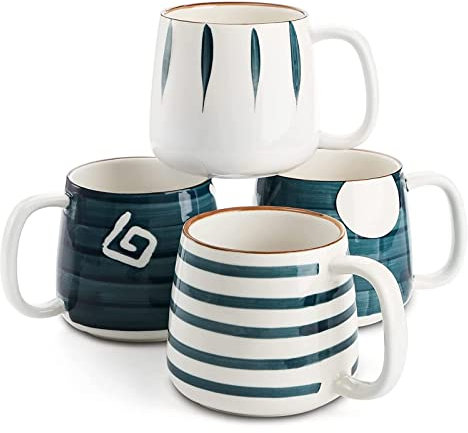 Juego de tetera de cerámica oriental, juego de 4 tazas de café de porcelana, tazas de café de cerámica de 17 onzas con asas, tazas grandes de gres for té, bebidas frías o calientes, capuchino, chocola