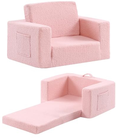 Givjoy Toddler Chair Sherpa Kids Couch, 2-in-1 Soft Kids Armchair Lounger for Bedroom, Convertible Sofa for Girls and Boys, Child Reading Chair for Playroom, Living Room, Pet, Pink