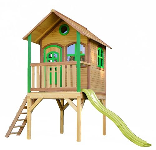 AXI Spielhaus Laura mit hellgrüner Rutsche | Stelzenhaus in Braun & Grün aus FSC Holz für Kinder | Spielturm mit Wellenrutsche für den Garten