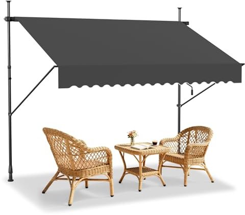 HENGMEI Klemmmarkise ohne Bohren, Balkonmarkisel, Anthrazit, 200x120cm | Verstellbares freistehendes Markisen stangenmontiert bohrfreie Montage mit Handkurbel Sonnenschutz für Terrasse und Balkon