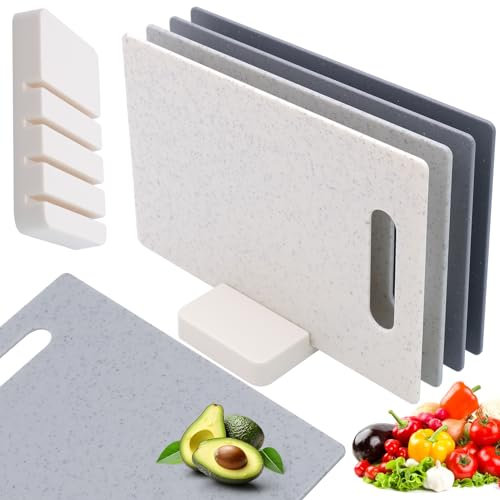 Juego de 4 Tabla de Cortar Profesional con Soporte, Multicolor Tablas de Desayuno de Plástico Antideslizantes, Agujero para Colgar, Libres de BPA, Apta para Lavavajillas, 28 x 18 cm