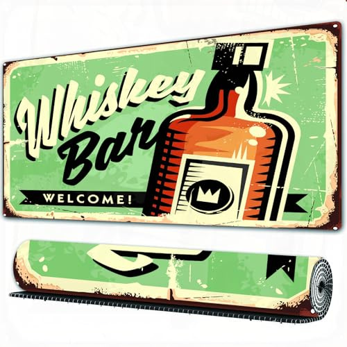 EOMKSE Grand Tapis de Souris de Jeu,Old Welcome Whisky Bar Rétro Nourriture Boisson Vintage Bourbon Pub,avec Bords surpiqués et Dos antidérapant,sous-Main pour Clavier et Souris,40x75 cm