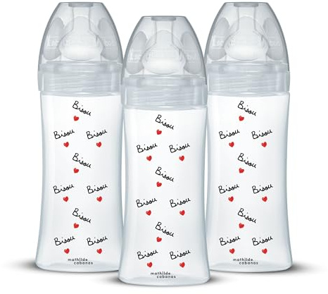 DODIE Lot de 3 Biberons anti-colique, Mathilde Cabanas, Tetine Plate, 330mL Transparente