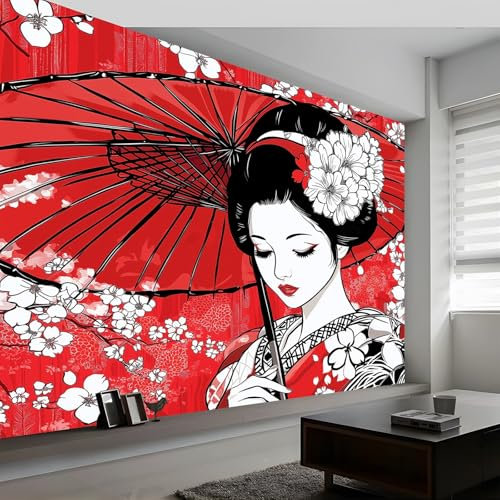 Générique Papier Peint Panoramique, Rouge 3D Peinte Vêtements Traditionnels Japonais Intissé Murale, 500 x 280 cm (L x H) Photo Murale pour Salon Chambre d'enfants Restaurant Décoration Murale