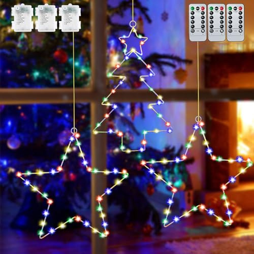 Ulikey Weihnachtsdeko LED Fenster, 3 Stück 40 LEDs Sterne Lichterkette Fensterdeko, 8 Modi Weihnachtsbeleuchtung Deko with Timer, für Innen Außen Weihnachtsbaum Fenster Garten (Farbiges Licht)