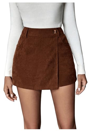 SOLY HUX Falda pantalón para mujer, minifalda de pana línea A, faldas cortas de invierno, falda de pana, cintura alta, pantalones cortos, falda casual envolvente, falda de fiesta, marrón café, L