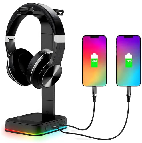 Retoo Headset Halterung Kopfhörer Ständer RGB Universal HUB USB Halter für Over Ear Kopfhörer Gaming Headset und Kopfhörerdisplay Geeignet für Tisch 12x13x26 cm Schwarz