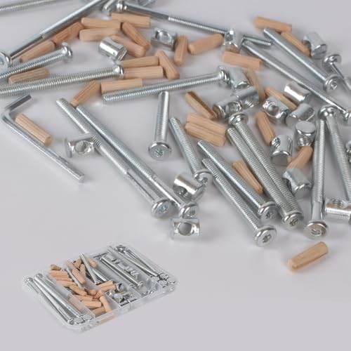 Baby Bed Frame Bolts, Crib Screws Hardware ReplacementKit M6x20/40/60/80mm Hex Drive Socket Cap Screws Barrel Nuts Wooden Dowel Kit for Beds Chairs Furniture et (Silver-26set)