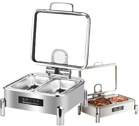 forplubossmmp Chafing Dish Buffet Warmer Electric Stainless Steel Buffet Heater with Transparent Lid Top for Wedding Or Catering Event, Temperature Range: 30-90°C - Single Grid/Double Grid,2-grid