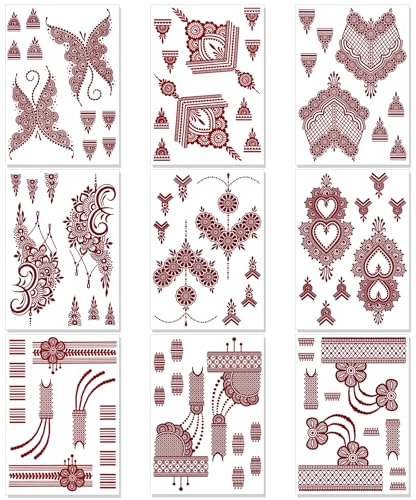 HOWAF 9 Sheets Brown Red Temporary Tattoos for Women, Waterproof Indian Mandala Lace Flower Temporary Tattoos Paper Festival Tattoo Stickers Fake Tattoo Kit for Women Girls for Hand Finger Body Art