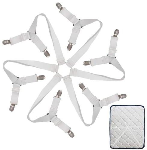 Verstellbar bettlakenspanner, spannbettlaken halter mit 6 Riemen, 12 Metallclips, elastisch bettlaken spanner, bettlakenspanner verstellbar passend für bettlaken halter, rundes Bett, Sofa Einzel