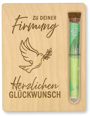 ZUKLA Verpackung für Geldgeschenke zur Firmung - 13 x 10 cm - mit Reagenzglas - Firmung Karte Holz Geschenke für Mädchen & Jungen - Geldgeschenk Verpackung