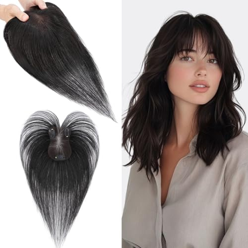 S-noilite Haar Toppers Echthaar Natürliches Schwarz - Toupet für Frauen mit Wispy Pony 100% Echthaar Clip in Haarteile für Dünnes Haar 14 Gramm 27cm