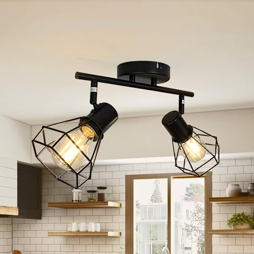 Unikcst LED Deckenstrahler E27 2 Flammig Wandlampe Innen | Schwenkbar 350°, Vintage Deckenlampe, Metall Schwarz, Lochmuster-Schirm, Für Küche Wohnzimmer, Ohne Leuchtmittel