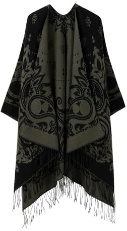 DISSA Poncho da donna con parte anteriore aperta, morbido berretto a maglia, caldo, sciarpa con frange, per primavera, autunno e inverno, P076, verde scuro, Taglia unica
