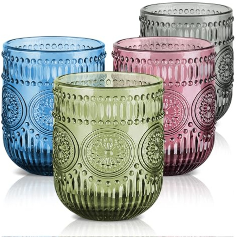 Joeyan Vintage Trinkgläser Set, 4er Set 260ml Mehrfarbig Wasserglas Relief Sonnenblumen, Farbig Gläser für Alltag,Familienessen,Büro,Outdoor Partys & Garten, Spülmaschinenfest (Grün,Blau,Grau,Rosa)