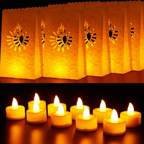 Crtiin 50 Set Christmas White Luminary Bags with Flameless Candles Fire Retardant Material Paper Lantern Candle Bags LED Tea Lights for Christmas Wedding Thanksgiving Party Decoration(Sacred Heart)