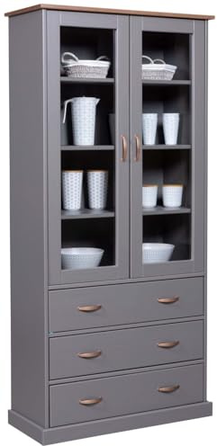 FURNARO Vitrine im Landhausstil Laura Grau Massivholz 90 x 38,4 x 190 cm