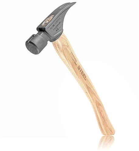 Real Steel 14 Oz Titanium Framing Hammer Straight Rip Claw with Milled Face, Magnetic Nail Holder Hickory Handle 0621