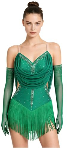 Freebily Abito da Ballo Latino Americano Donna con Nappe Strass Body Danza Classica Moderna con Guanti Balletto Leotards Costume da Danza Samba Rumba Salsa Sala da Ballo Verde S