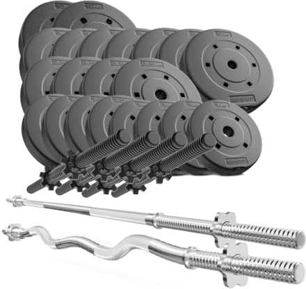 Hop-Sport Heavy Twin Barbell Set 80 kg – 4×54 cm Bars + 2x 120 cm Bars + 8x5kg, 4x 2,5kg, 4x1,25, 4x1kg, 2x10 kg Plates + Spinlock Collars – Advanced Dumbbell-Style Home Gym Set