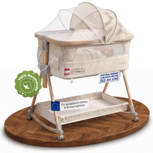 mimi kalu® Beistellbett Baby mit Rollen für Boxspringbett & europäische Standardbetten – 4-in-1 Baby Bett, Stubenwagen, Reisebett & Babywiege – [höhenverstellbar] – sicher & Zertifiziert