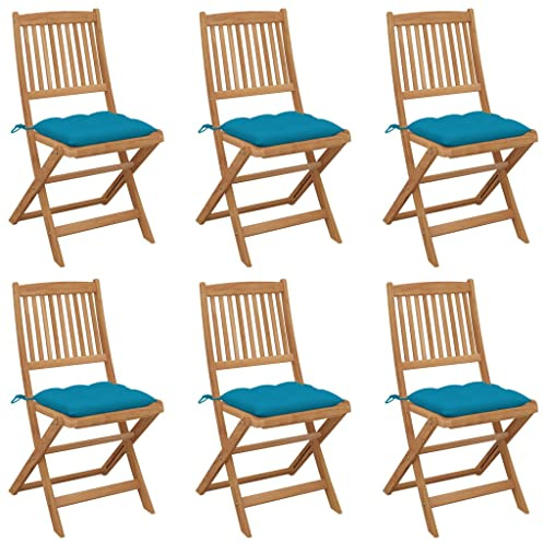 HETFTJN 6er Set Gartenstühle Klappbar aus Massivem Akazienholz mit Sitzkissen, Robuste Klappstühle für Terrasse und Balkon, Outdoor Holzstühle mit Hellblauen Polstern, 6 Stück