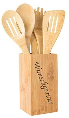 Cuba Kit D'Accessoires pour la Cuisine Bambou 5 Pièces INKL.lasergravur Gravé Gravure Cuillère de Set Couverts Salade à Mélange 2 Spatule Cuisson Ustensiles Nature