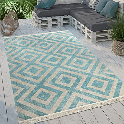 Paco Home Alfombra Tejido Plano Interior Exterior Moderno Motivo Rombos Terraza Balcón, tamaño:120x170 cm, Color:Azul-Blanco
