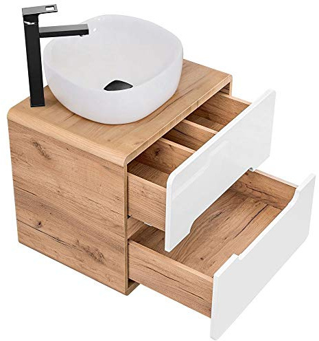 Lomadox Waschtischunterschrank 60 cm mit 42 cm Aufsatzbecken LUTON-56 Hochglanz weiß mit Wotan Eiche Nb., B/H/T ca. 60/68/46 cm