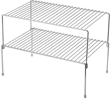 iPEGTOP Set of 2 Stackable Freezer Cabinet Storage Shelf Rack, Rustproof Steel Metal Frame Kitchen Organizer Space Saver for Cabinet Pantry Shelves Counter, Chrome