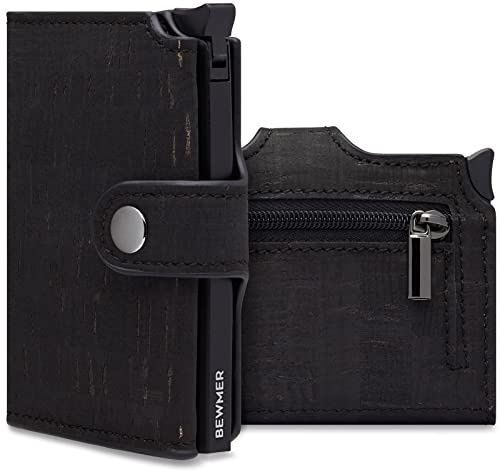 BEWMER v2 Shielded Slim Wallet mit Münzfach für Herren & Damen | Kartenetui mit Münzfach & RFID-Schutz & Anti-Cloning | Geldbörse für Scheine, Münzen & 9 Kreditkarten | Korken Schwarz
