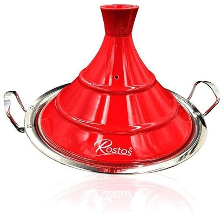 Saharashop Tagine, Red, Round, Stainless Steel, Ceramic Lid, Suitable for All Hobs and Oven, 34 cm Diameter