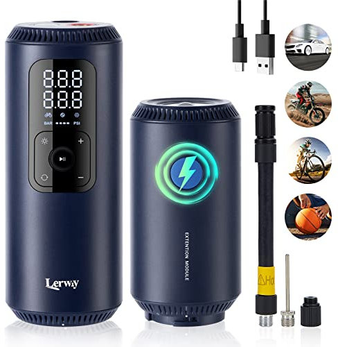 Elektrische Luftpumpe Fahrrad 150PSL/5700mAh LERWAY Akku Fahrradpumpe Mini Wiederaufladbarer Kompressor Tragbar mit Digital LCD-Bildschirm, LED Licht, Powerbank für Fahrrad Motorrad E Bike Bälle Auto