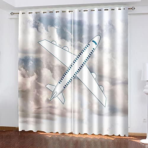 MTBDyyds Weiß Wolken Flugzeuge 140X100Cm Verdunkelungsvorhänge 3D Drucken Verdunklungsvorhänge Kinderzimmer 2 Stück Vorhang Blickdicht Ösenschal Kindergardinen Junge Verdunklungsgardine