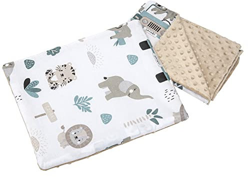 Medi Partners Babydecke Krabbeldecke mit Kissen 100% Baumwolle Minky Kinderdecke 55x75 + 35x30cm multifunktional für Kinderwagen Babyschale Wiege (Zoo mit grauem Minky)