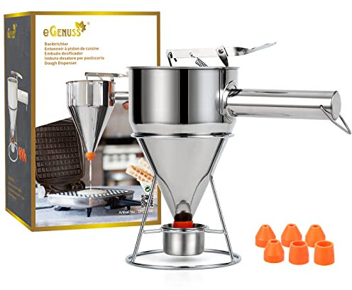 eGenuss Teigportionierer 1200ml aus 18/8 Edelstahl – Pfannkuchen & Waffelteig Spender mit 7 Düsen, Messskala, Ständer, Tasche – Präziser Fülltrichter für Muffins, Cupcakes, Crêpes