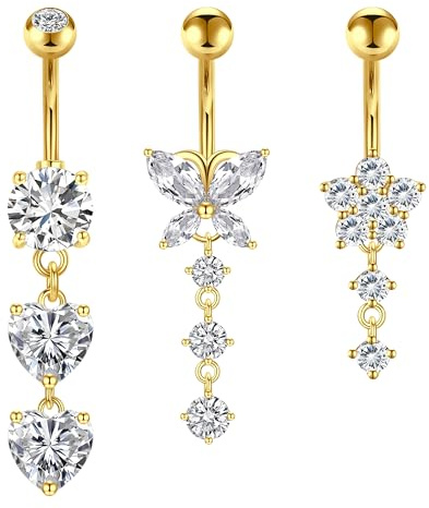 Crdifu 3pcs Barra navel 10mm Or 14G Anillo de ombligo Acero quirurgico Mariposa Corazón Flor con colgante Piercing Vientre Joyería
