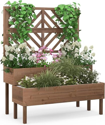 RELAX4LIFE Jardinière Treillis Bois à 2 Niveaux, Jardinière sur Pieds avec Treillis pour Plantes Grimpantes, Trou de Drainage, Carré Potager Surélevé pour Balcon Jardin Terrasse (Marron)
