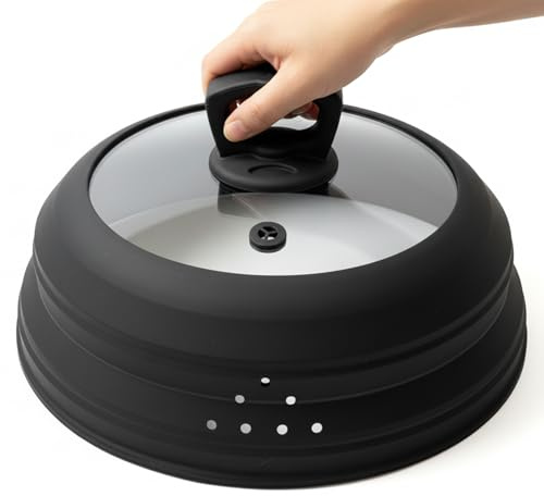Cubierta de goteo para microondas, cubierta con asa para alimentos, plegable, silicona, cubierta con orificio de vapor para sartén o tazón (Negro, 10.5 Pulgadas)