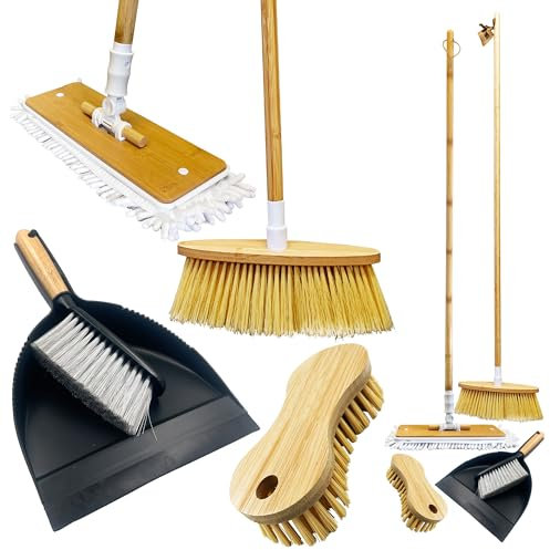 House Cleaning Kit | 4-in-1 Floor Cleaning Kit for All Home Surfaces | Includes Bamboo Mop, Indoor Broom, Scrubbing Brush, and Dustpan and Brush Set With Bamboo Handle