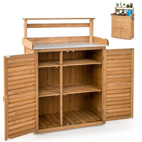 TANGZON Wooden Garden Shed, 87 x 45 x 120 cm Wooden Potting Bench Table with Galvanized Top & 3 Hanging Hooks, Outdoor Tool Storage Cabinet Planting Workstation
