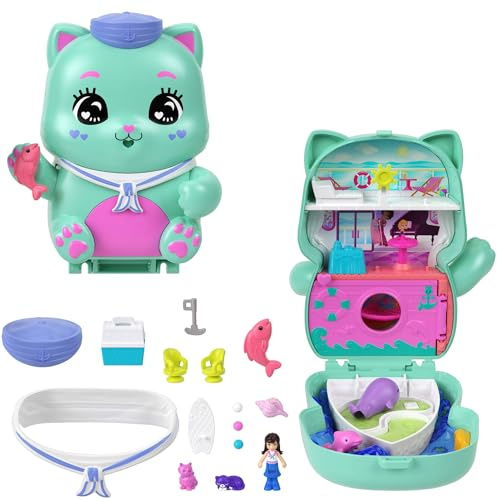 Polly Pocket Puppen und Spielset, Matrosenkatze-Schatulle, Spielzeug für unterwegs mit 1 kleinen Puppe, Kätzchen, Zubehör für Styling und Essen, JCR37