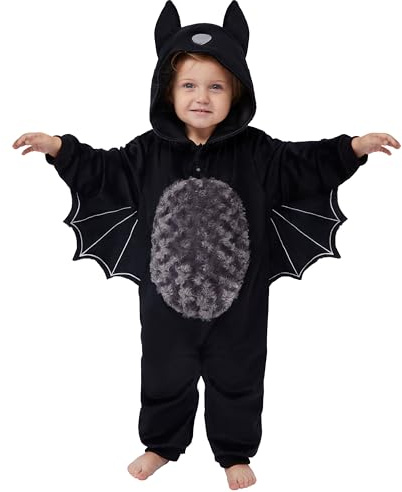 Spooktacular Creations Halloween-baby-unisexkostym, svart fladdermus-småbarn, huvtröja, overall-dräkt med svans, dragkedja huva för halloween-cosplay-kostym (06–12 månader)